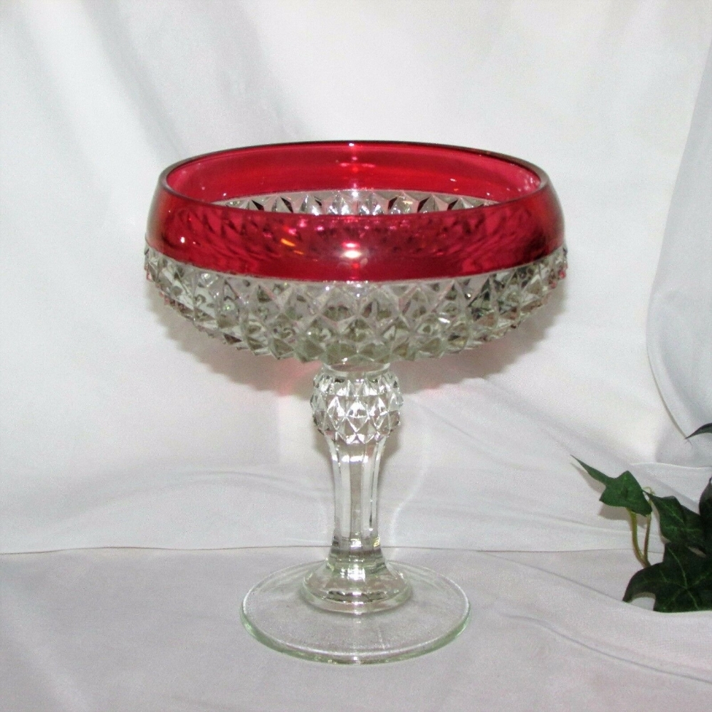 Vintage Candy Dish Tall Compote INDIANA GLASS TIARA Ruby Flash Diamond Point Red